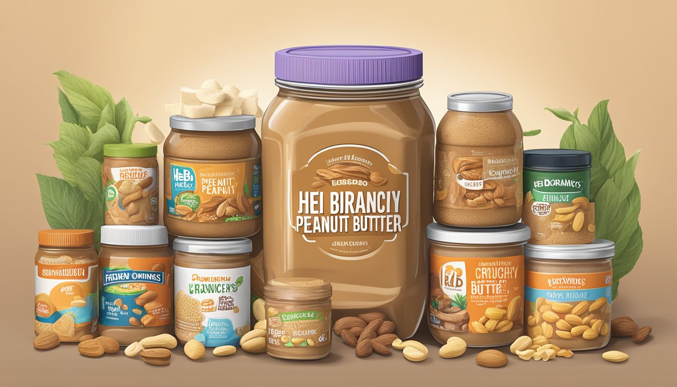 A jar of HEB Organics Crunchy Peanut Butter surrounded by 20 HEB private label products, all rivaling name brands