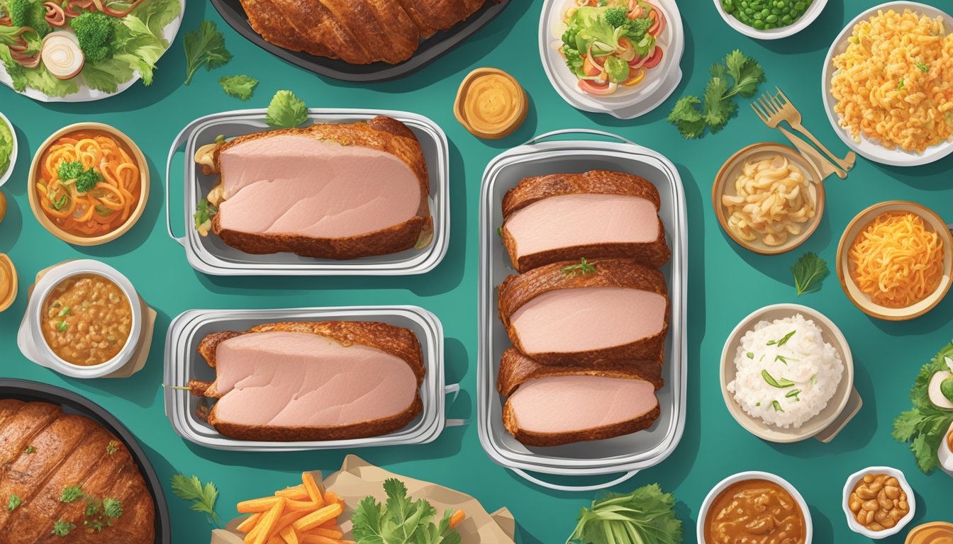 A boneless pork loin roast surrounded by 10 HEB Combo Loco deals, showcasing savings