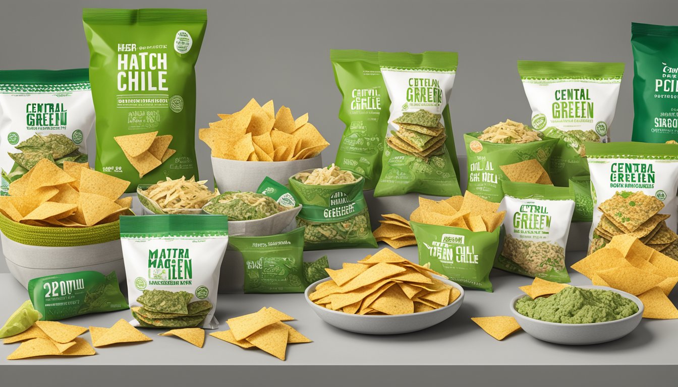 A pile of Central Market Hatch Green Chile Tortilla Chips surrounded by 20 HEB private label products, all arranged in an eye-catching display