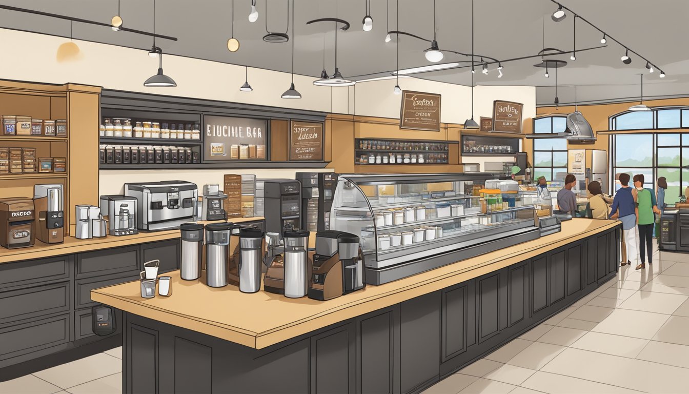 A bustling coffee bar nestled within a spacious HEB store, with sleek design and a variety of specialty coffee options on display