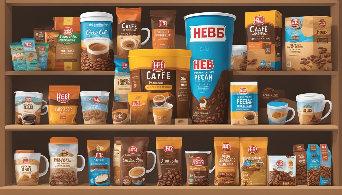 A steaming cup of HEB Cafe Ole Texas Pecan Coffee sits next to a display of 20 HEB private label products, each comparable to well-known name brands