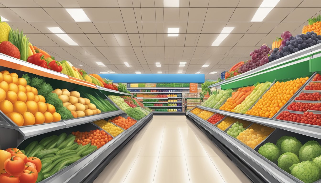 A colorful array of fruits and vegetables fills the spacious HEB store, with clearly labeled sections and smooth, wide aisles for easy navigation