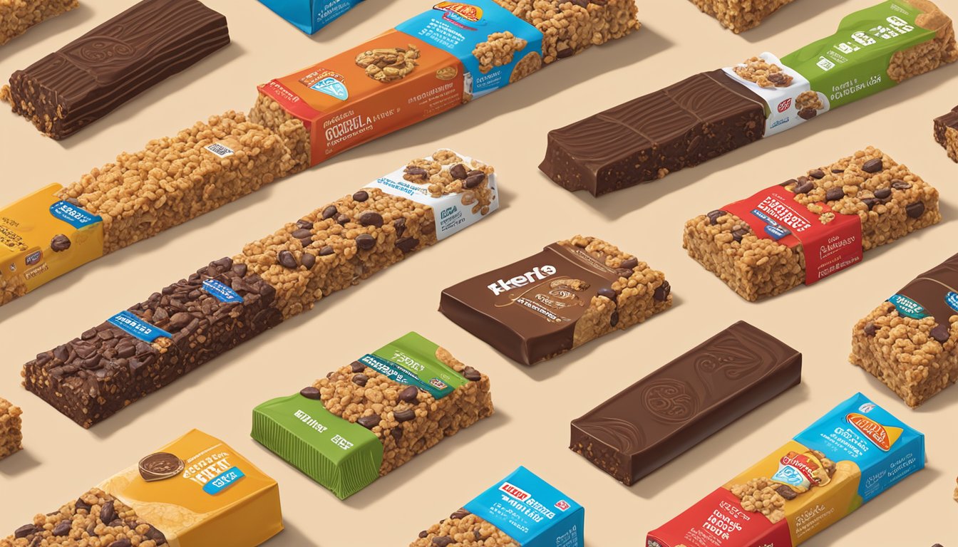 A close-up of a Hill Country Fare Chewy Chocolate Chip Granola Bar surrounded by 19 other HEB private label products, all arranged neatly on a wooden table