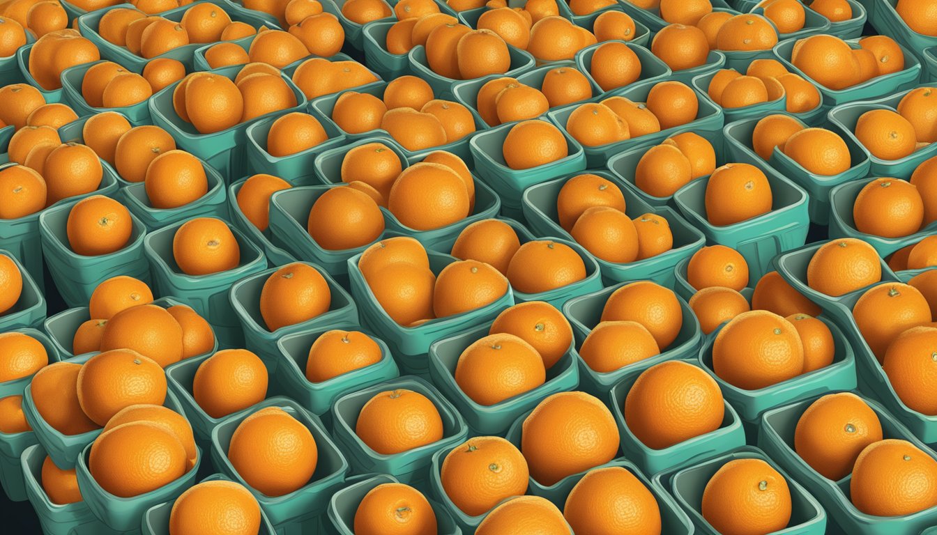 A vibrant display of navel oranges piled high next to promotional signs in a grocery store