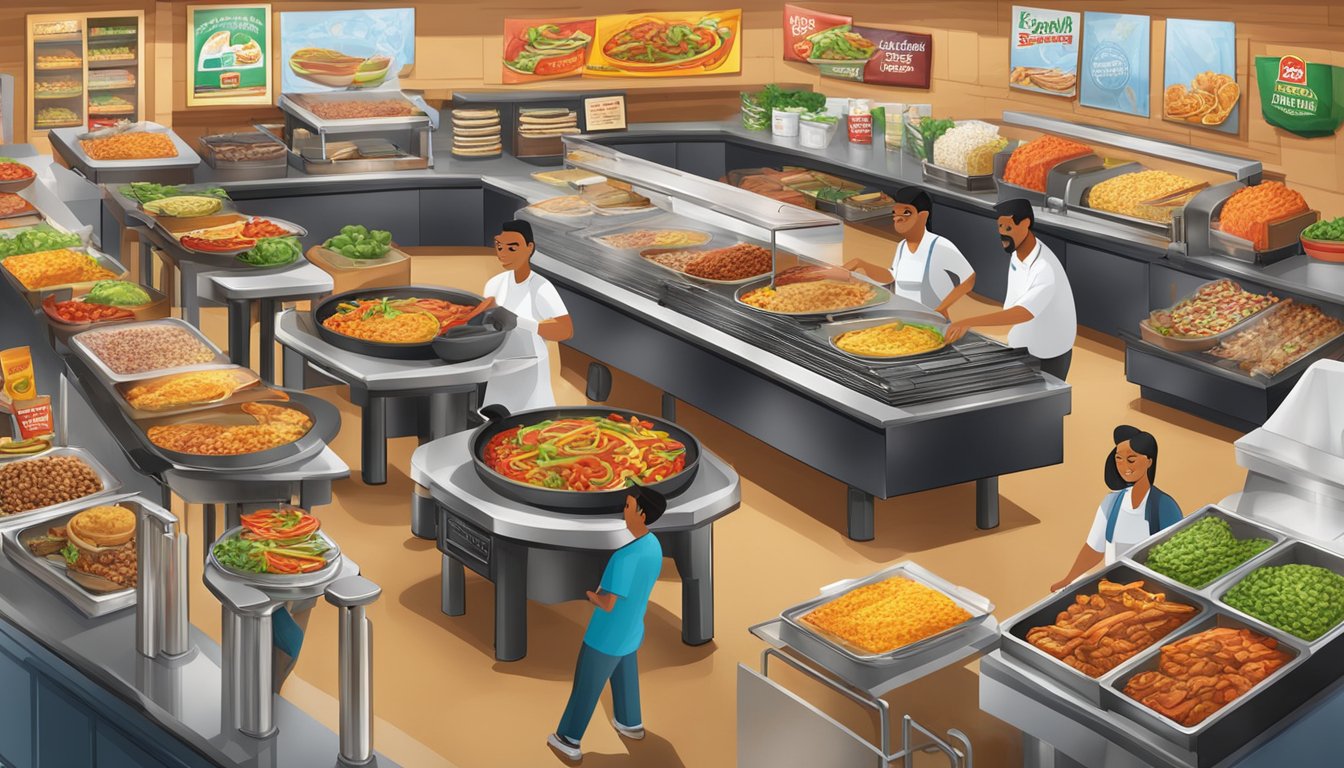 A sizzling fajita station surrounded by 12 HEB store features for easy shopping