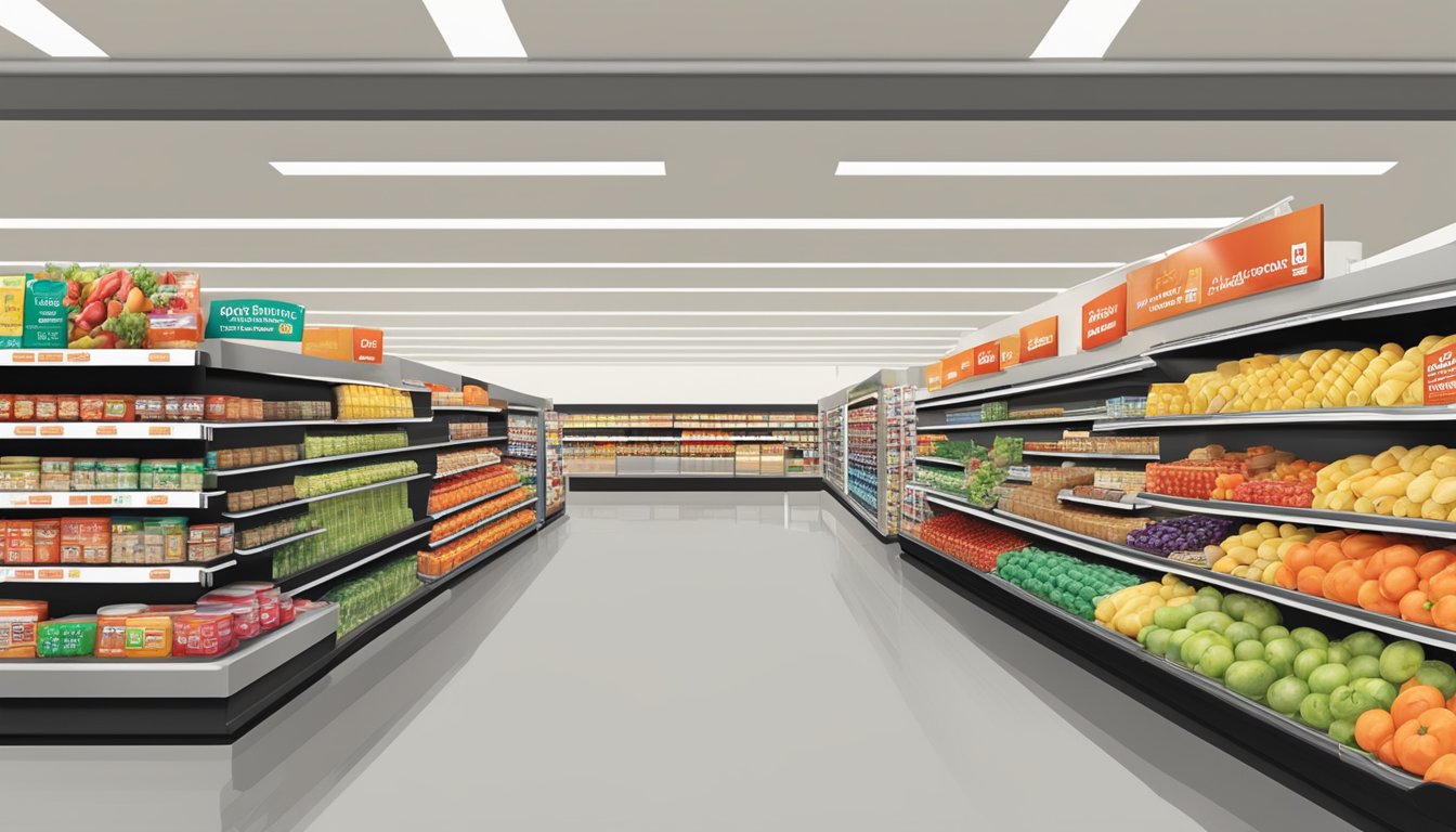 A spacious and well-organized HEB store layout with clearly marked aisles, abundant natural lighting, strategically placed signage, and a modern checkout area