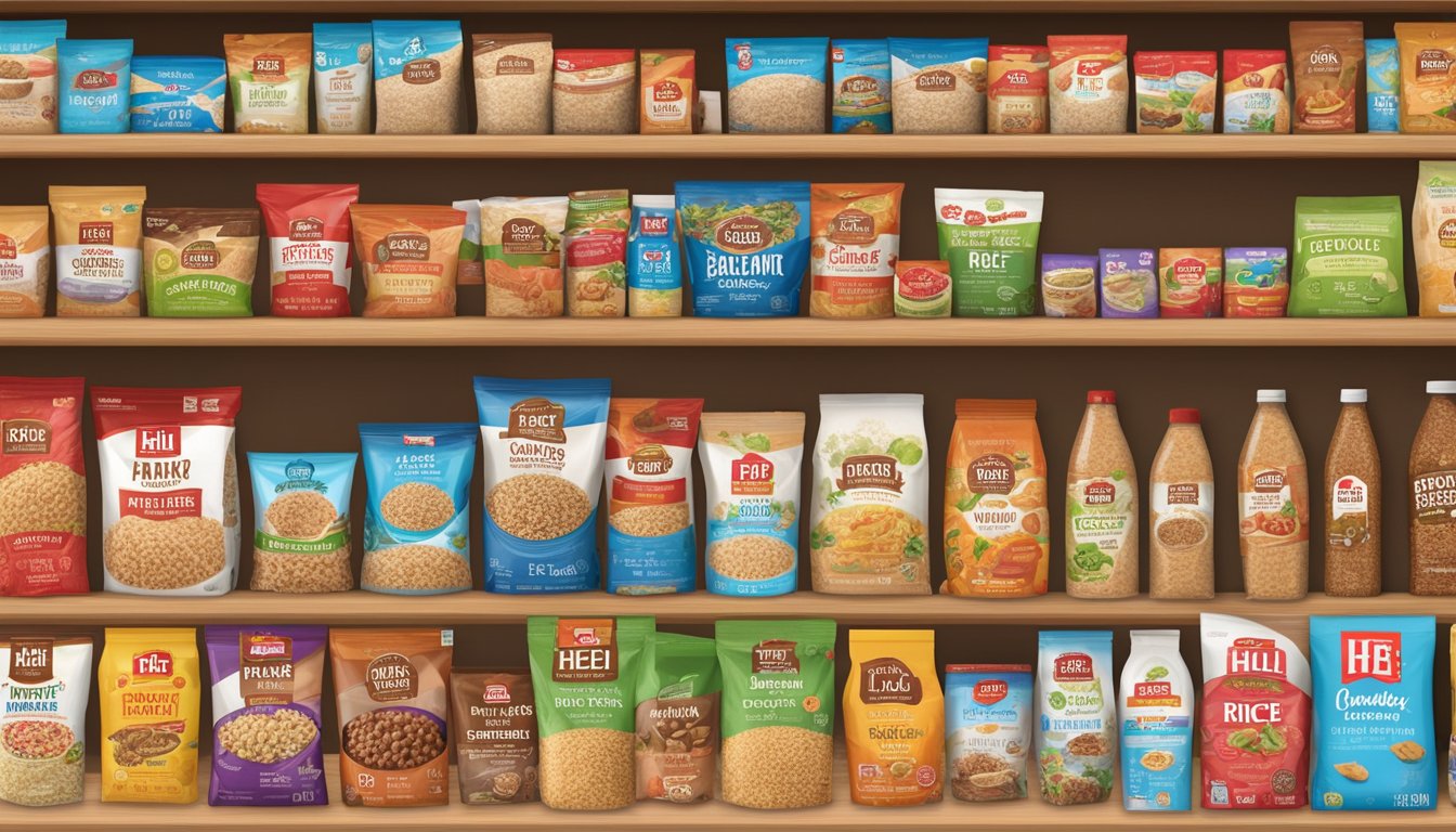 A colorful array of Hill Country Fare Instant Brown Rice and 19 other HEB private label products displayed on a shelf, standing out among rival name brands