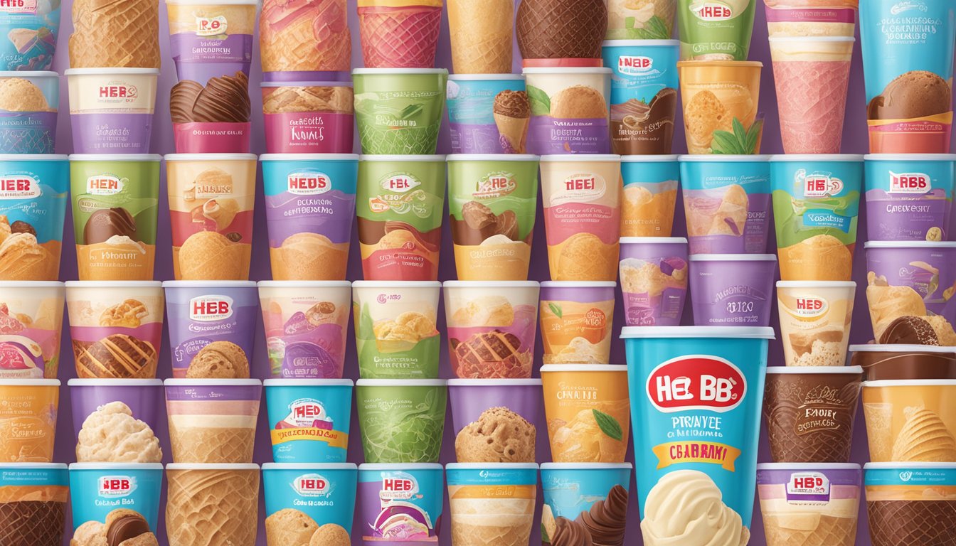 A colorful display of HEB Creamy Creations Light Ice Cream and 20 other HEB private label products arranged to rival name brands