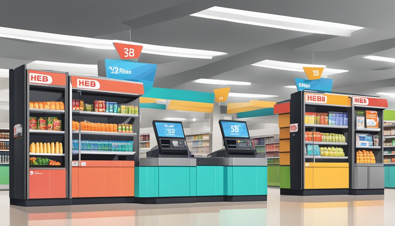 A modern HEB store with self-checkout kiosks, digital price tags, and scan-and-go technology for seamless shopping experience