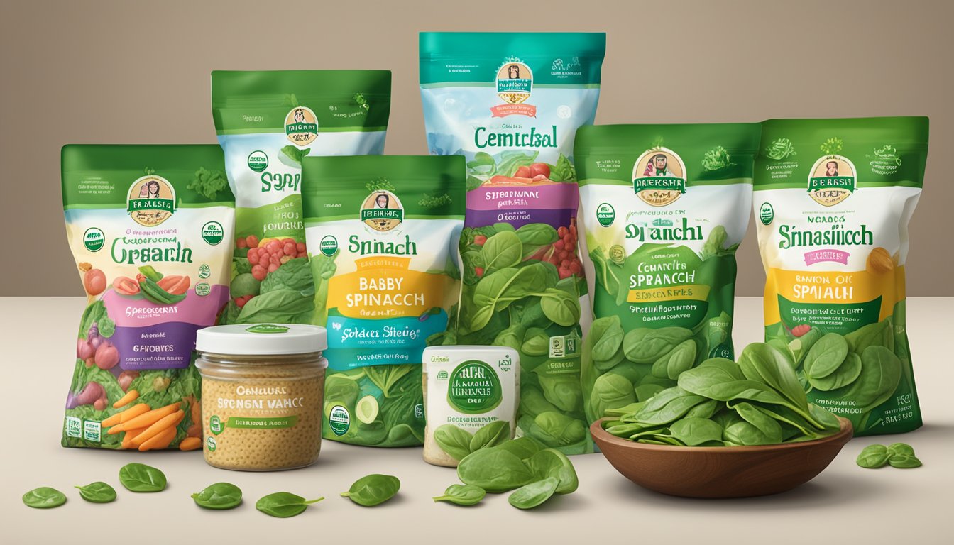 A vibrant display of Central Market Organic Baby Spinach surrounded by HEB private label products, all competing with well-known name brands