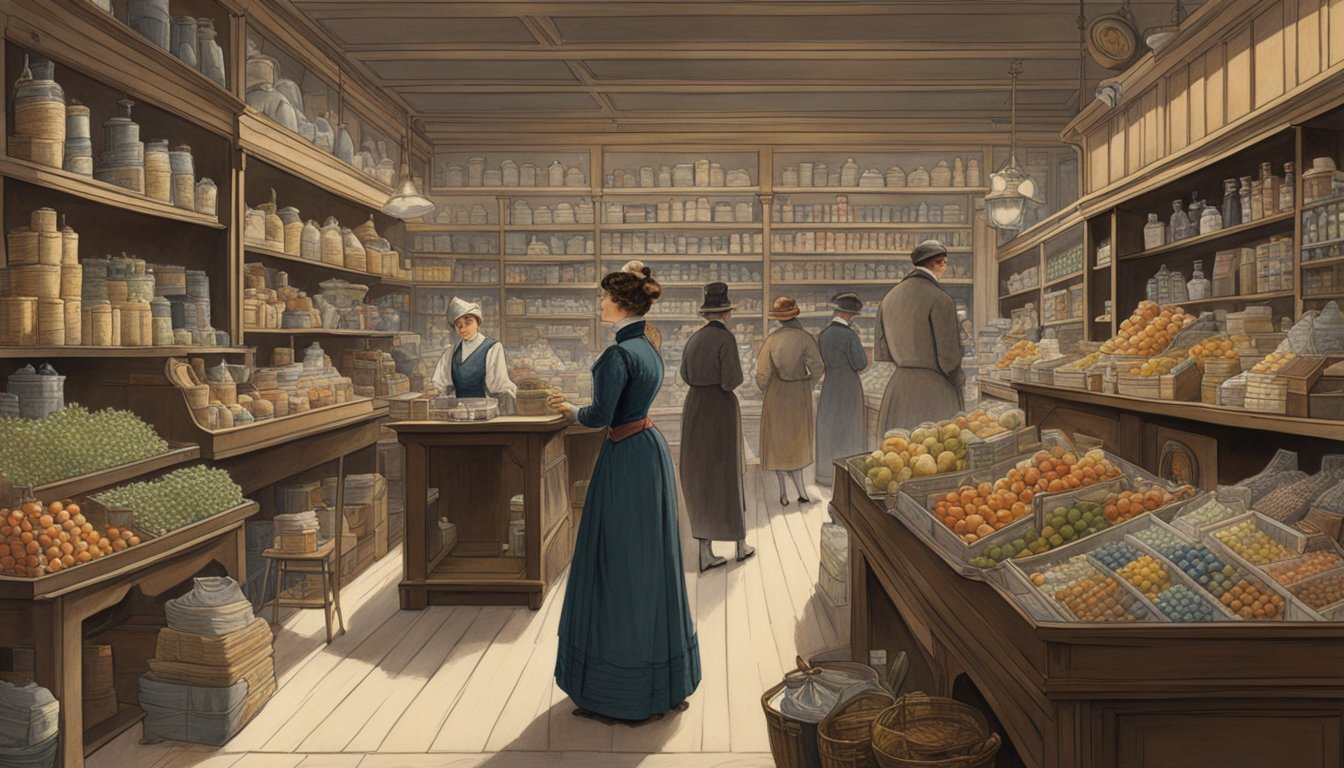 A bustling store in 1905 with a woman at the forefront, surrounded by shelves of goods and customers browsing