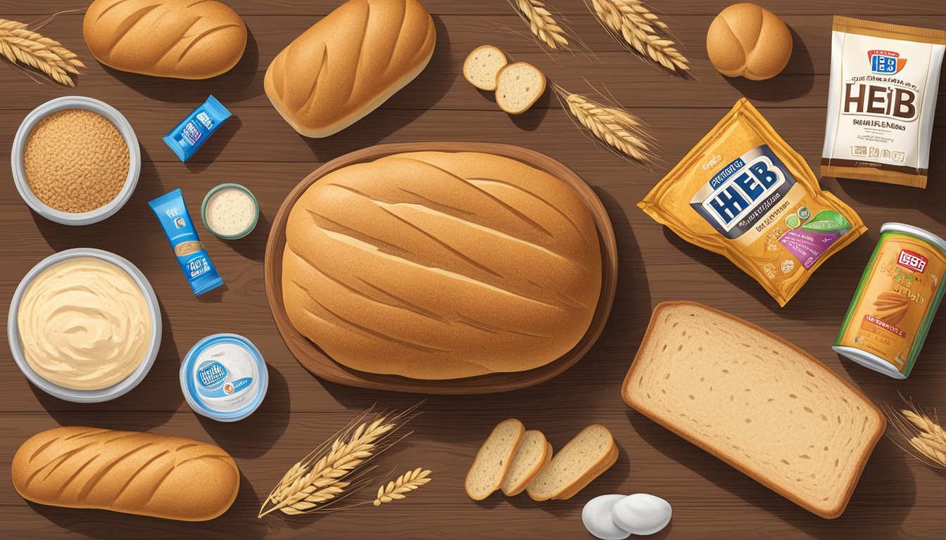 A loaf of HEB Bare Bread Whole Wheat surrounded by 20 HEB private label products, all neatly arranged on a wooden table