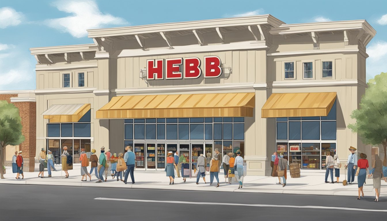 The exterior of HEB's first store in Kerrville, Texas, with a vintage storefront and a small crowd of customers entering and exiting