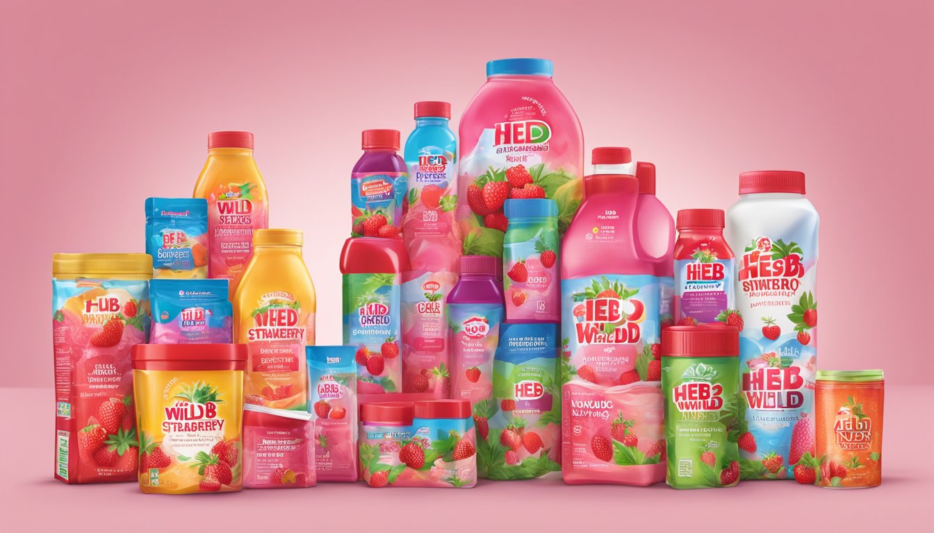 A colorful display of HEB Wild Strawberry Drink Mix surrounded by 20 HEB private label products, all competing with well-known name brands