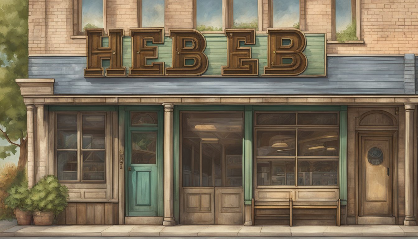 A vintage storefront sign with the letters "HEB" in bold, weathered type against a backdrop of a small town in the early 20th century