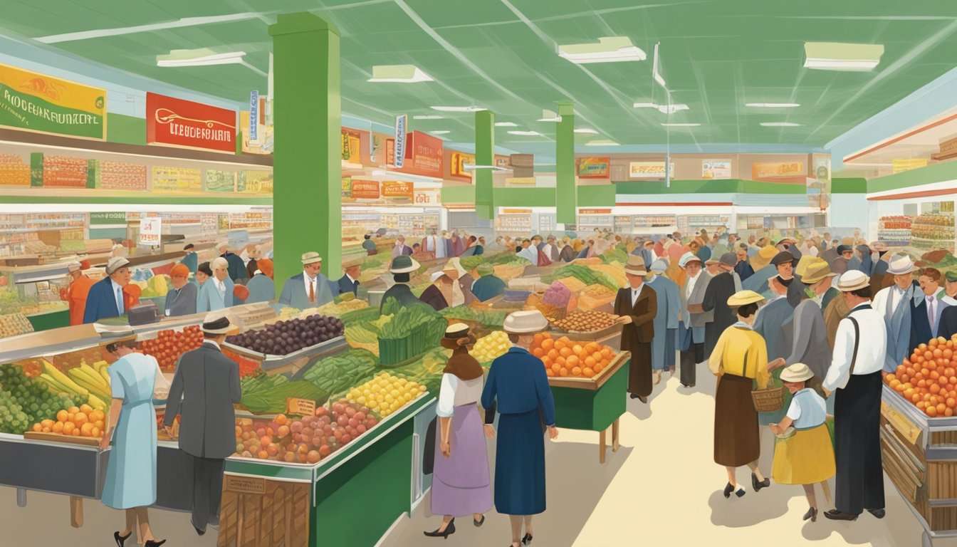 The grand opening of HEB's first supermarket in 1927, with customers eagerly entering the doors, colorful produce displays, and employees bustling about