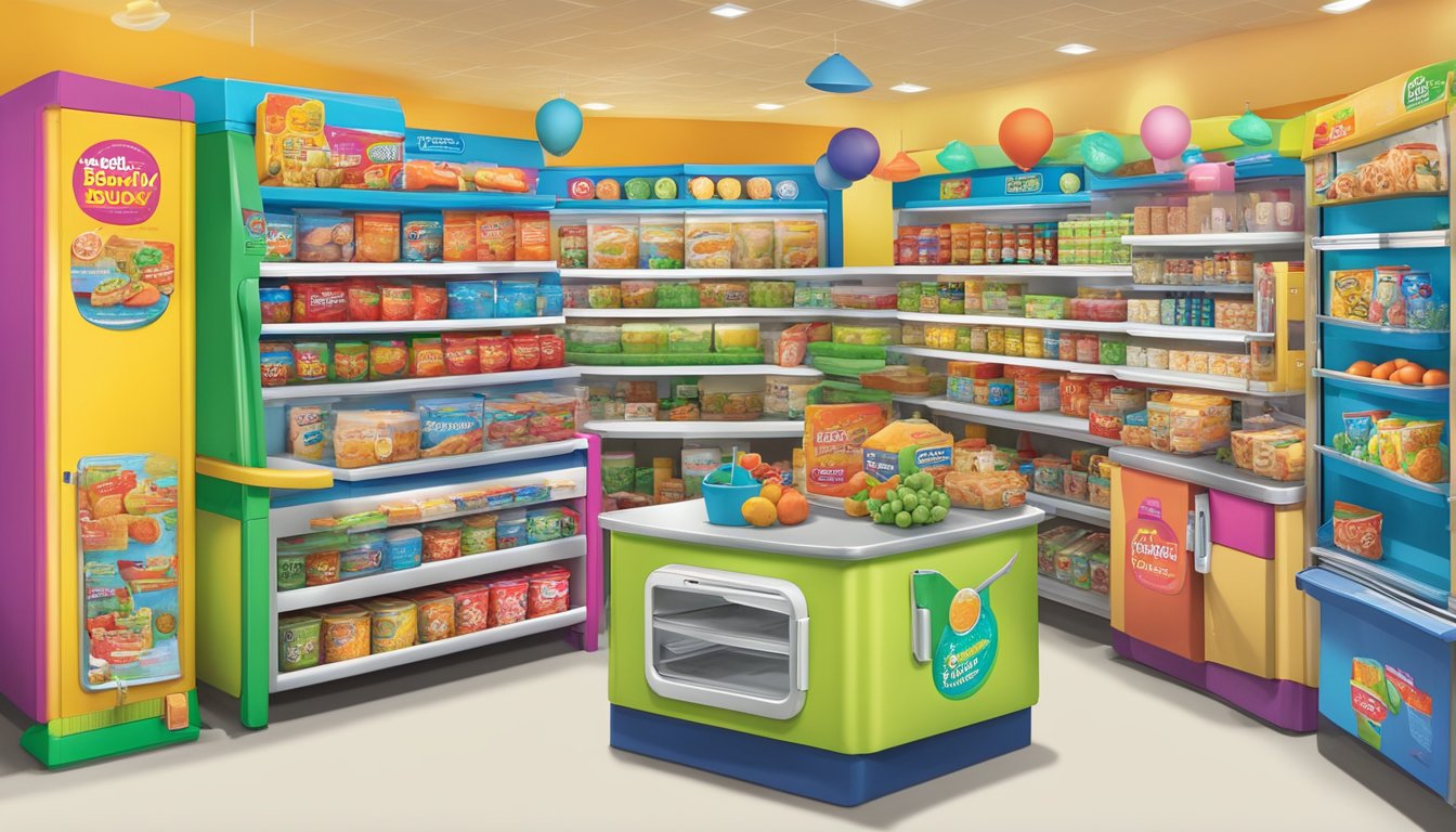 A colorful display of five unique products at H-E-Buddy Kids Club, showcasing the innovative features that set HEB apart from other grocery chains