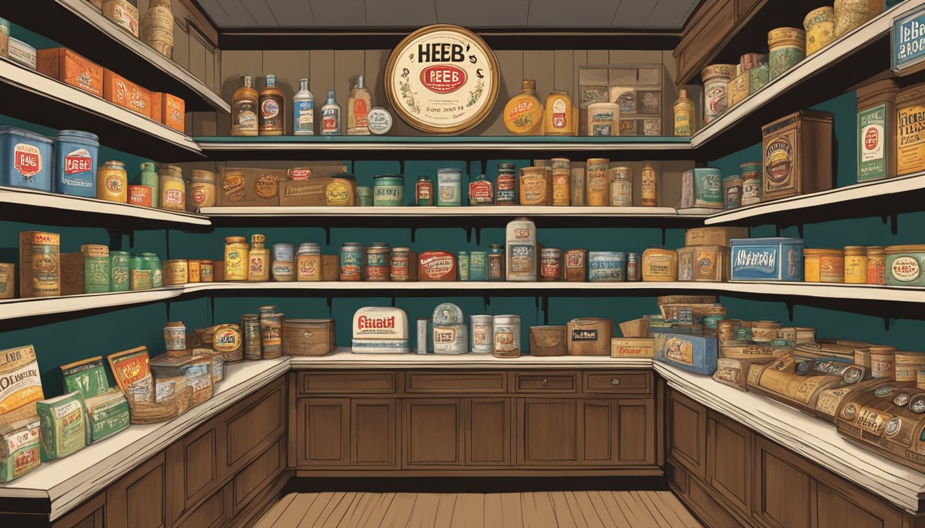 A vintage store shelf displaying HEB's original brand products from 1934, surrounded by historical artifacts and memorabilia