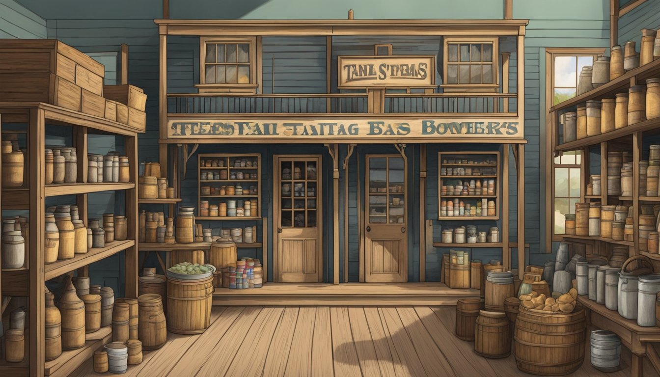 A general store in a small Texas town in the late 1800s, with shelves stocked with various goods and a friendly atmosphere