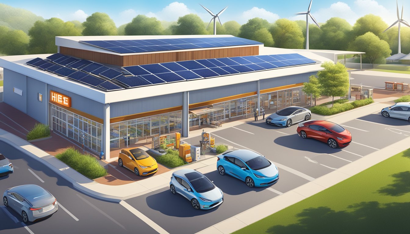 A sunny day with solar panels on rooftops, wind turbines turning, and electric car charging stations at an H-E-B grocery store