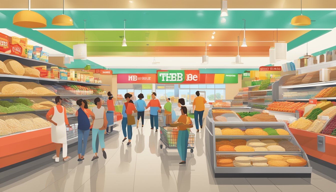 A bustling HEB store with a display of freshly made tortillas, surrounded by happy Texan shoppers and colorful grocery aisles