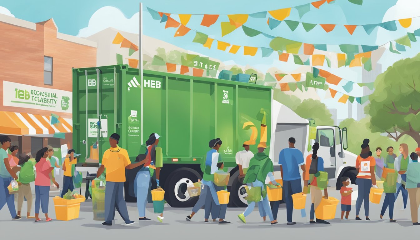 A bustling community event with people dropping off recyclables at a collection site, surrounded by HEB sustainability banners and volunteers assisting