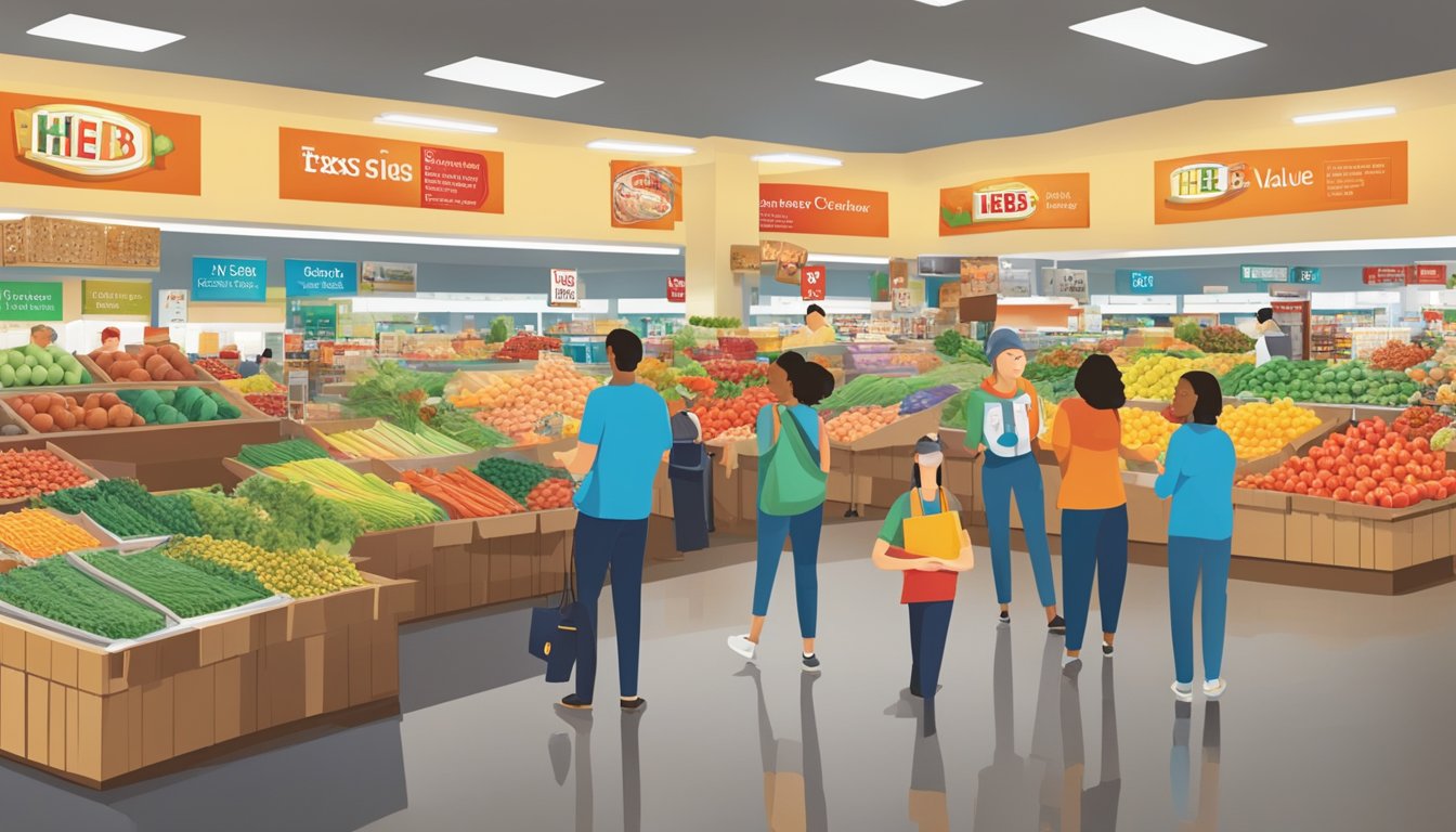 A bustling market with diverse, Texas-sourced products. Shoppers compare quality and value at HEB, surrounded by colorful displays and friendly staff