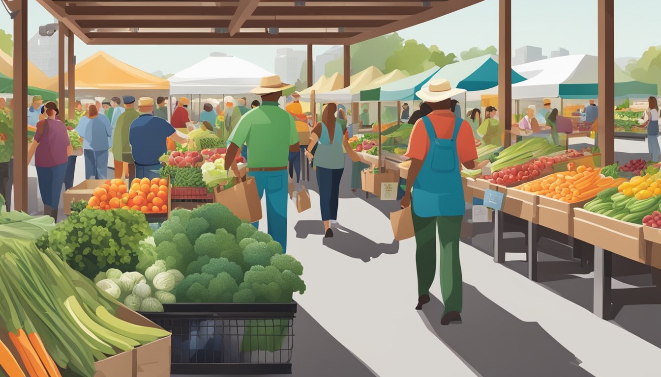 A bustling farmers market with a variety of fresh produce and HEB sustainability initiatives displayed prominently