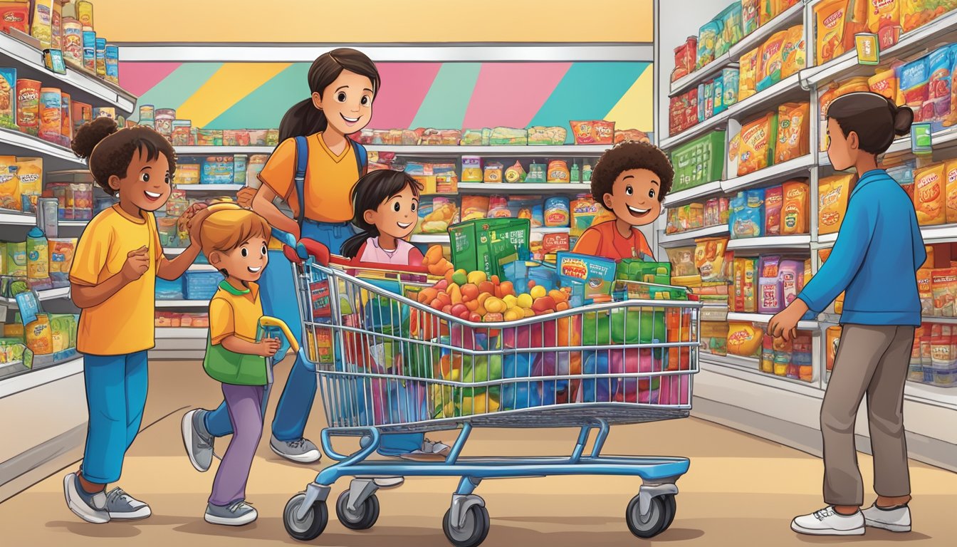 A family shopping cart filled with H-E-B brand products, surrounded by colorful H-E-Buddy Kids Program posters and displays