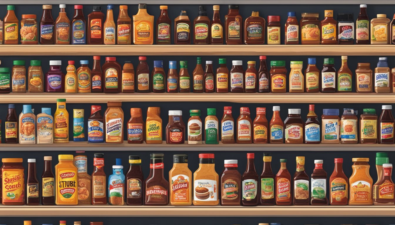 A bottle of Stubb's Original BBQ Sauce surrounded by 14 other Texas-made products on a grocery store shelf at HEB