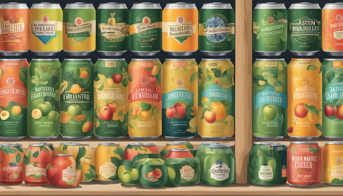 A display of Austin Eastciders Original Dry Cider surrounded by 14 other Texas-made products at HEB