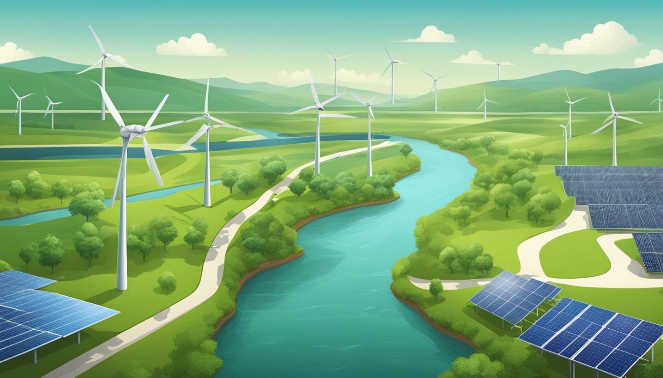 A lush green landscape with wind turbines and solar panels, a recycling center, and a clean river flowing through the scene