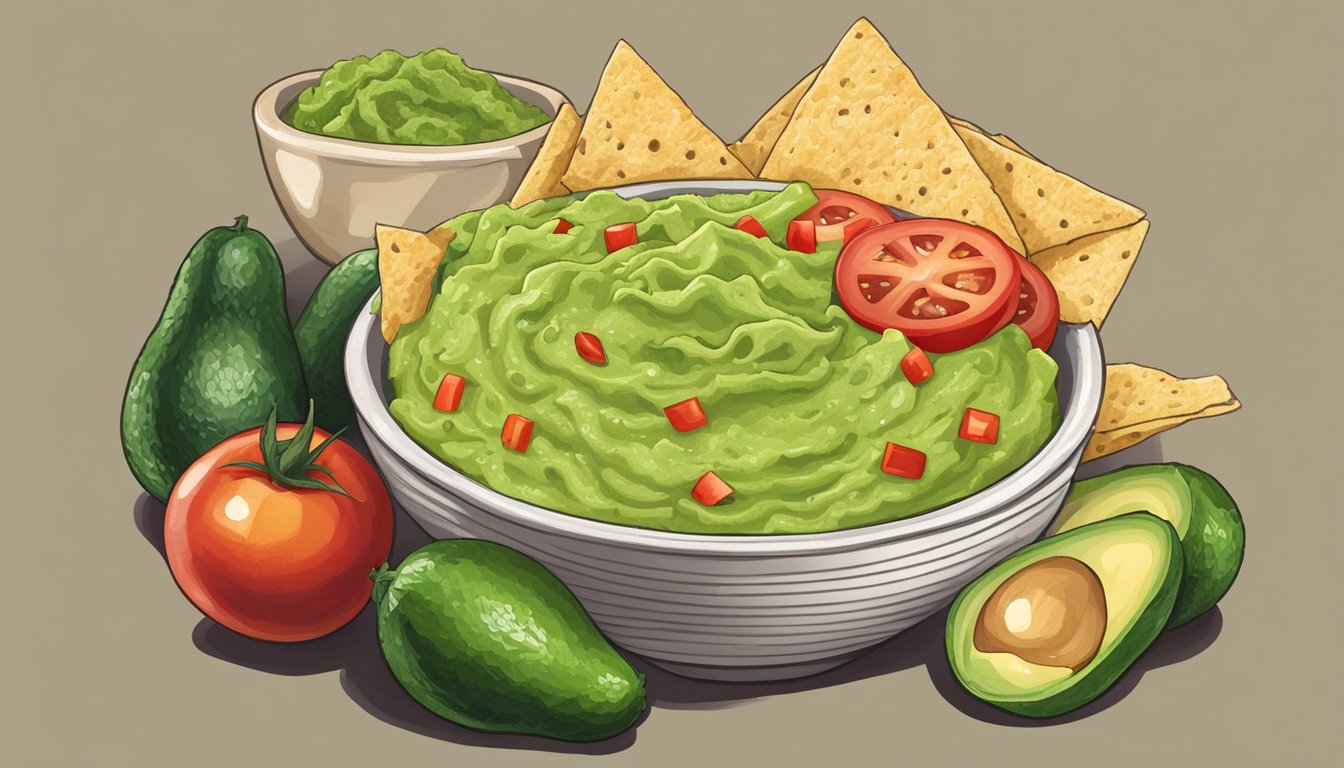 A bowl of freshly made guacamole surrounded by ripe avocados, tomatoes, onions, and limes, with a bag of tortilla chips nearby