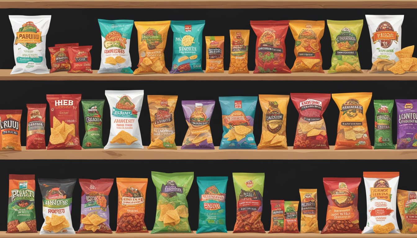 A bag of Paqui Haunted Ghost Pepper Chips surrounded by 14 other Texas-made products on display at HEB