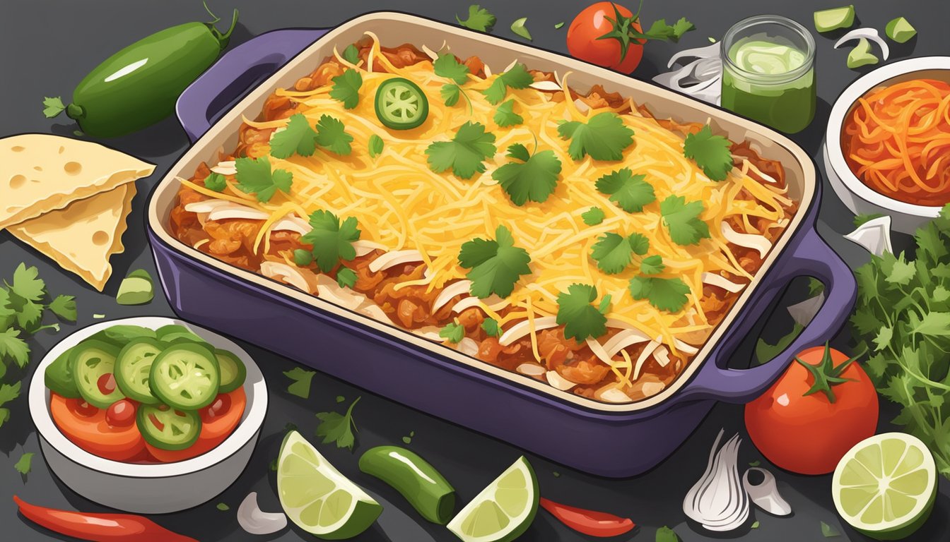 A colorful casserole dish filled with layers of shredded chicken, tortillas, melted cheese, and savory enchilada sauce, surrounded by fresh ingredients like tomatoes, cilantro, and jalapeños