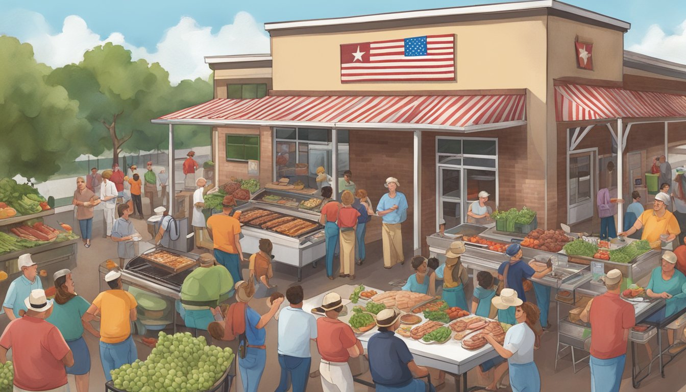 A bustling outdoor barbecue with a Texas flag flying high, surrounded by happy customers enjoying HEB's fresh produce and meats