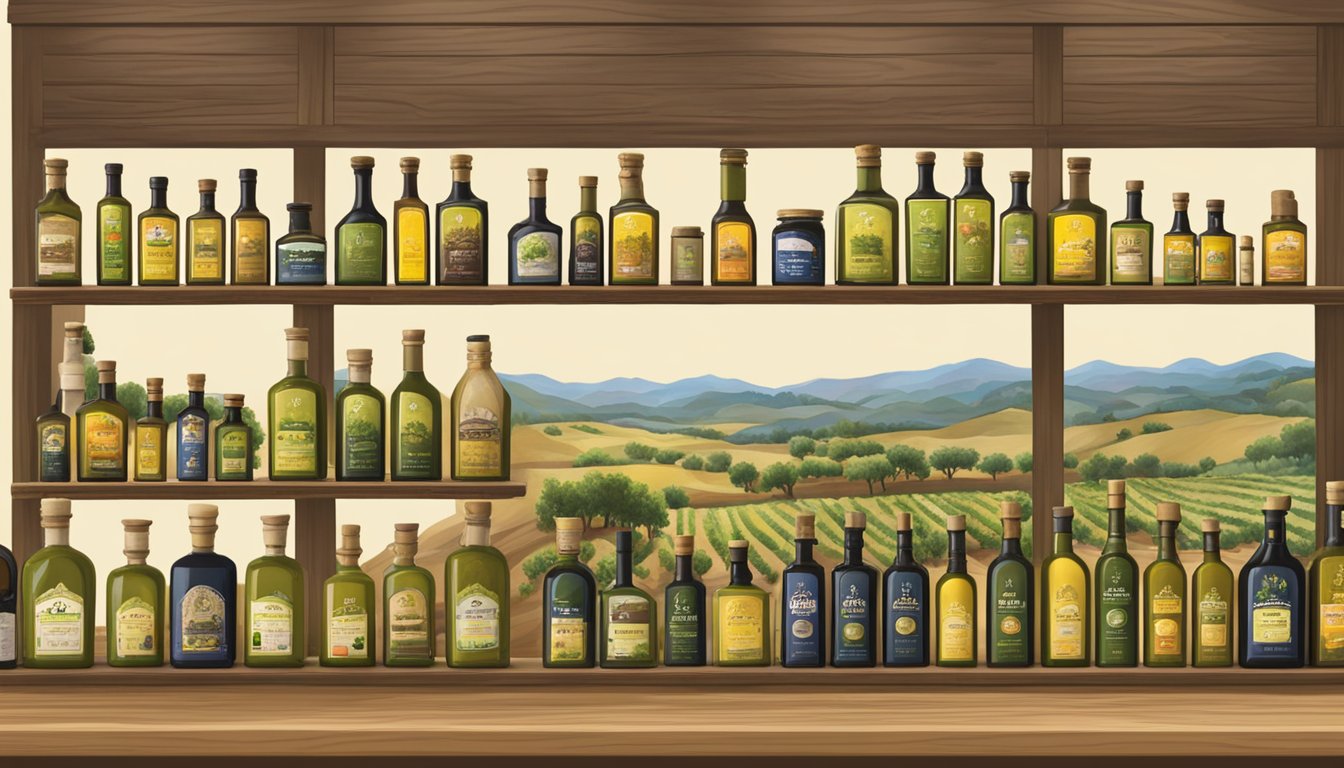 A rustic, Texas Hill Country Olive Oil display at HEB, featuring 15 locally made products arranged on wooden shelves with a backdrop of rolling hills and olive trees