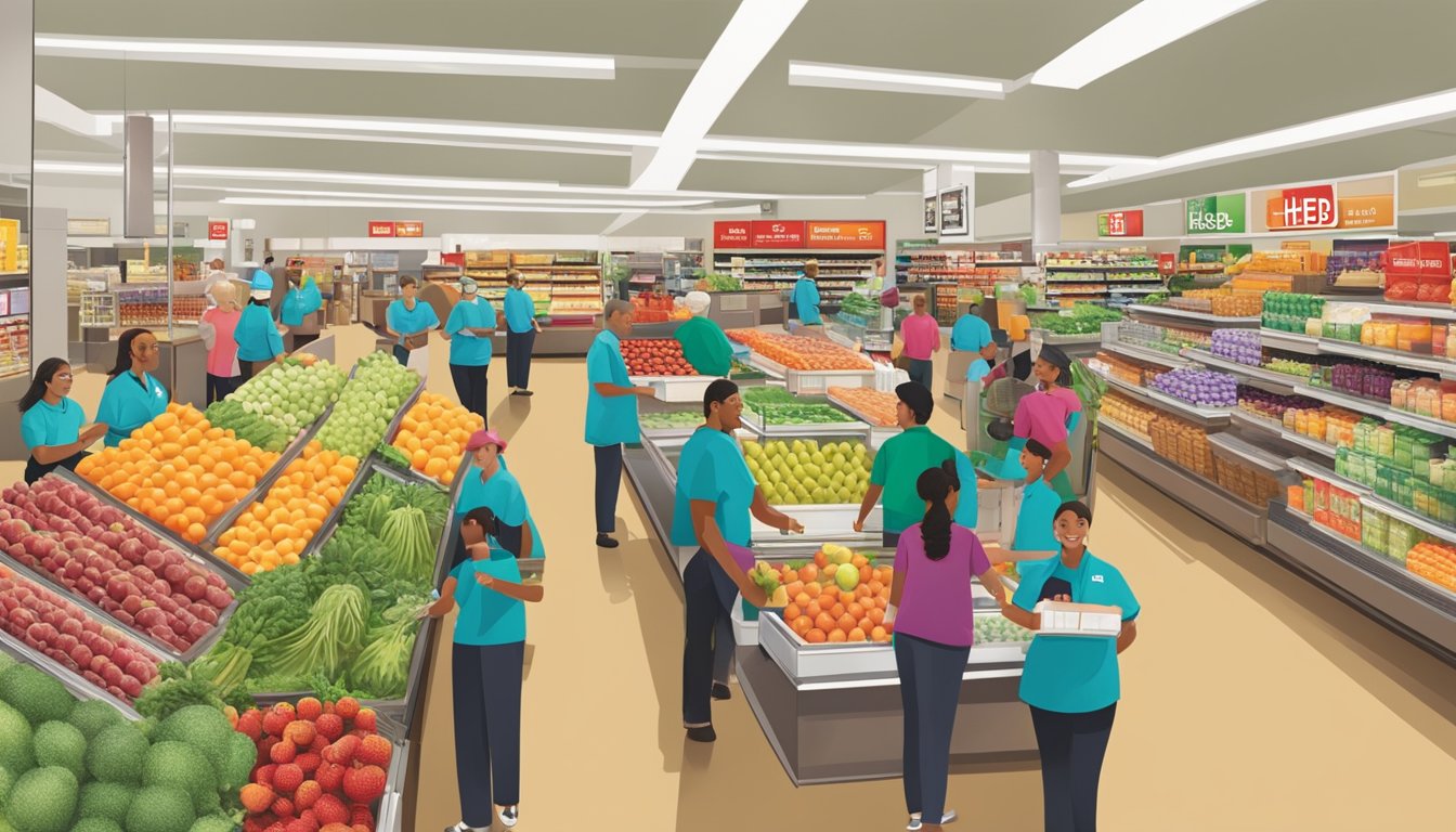 A bustling HEB store with friendly staff assisting customers, fresh produce, and a variety of products displayed neatly on shelves