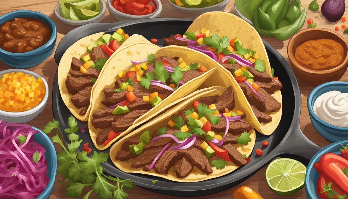 A sizzling skillet of Texas-style beef tacos, surrounded by colorful ingredients and spices, ready to be assembled into mouthwatering culinary masterpieces