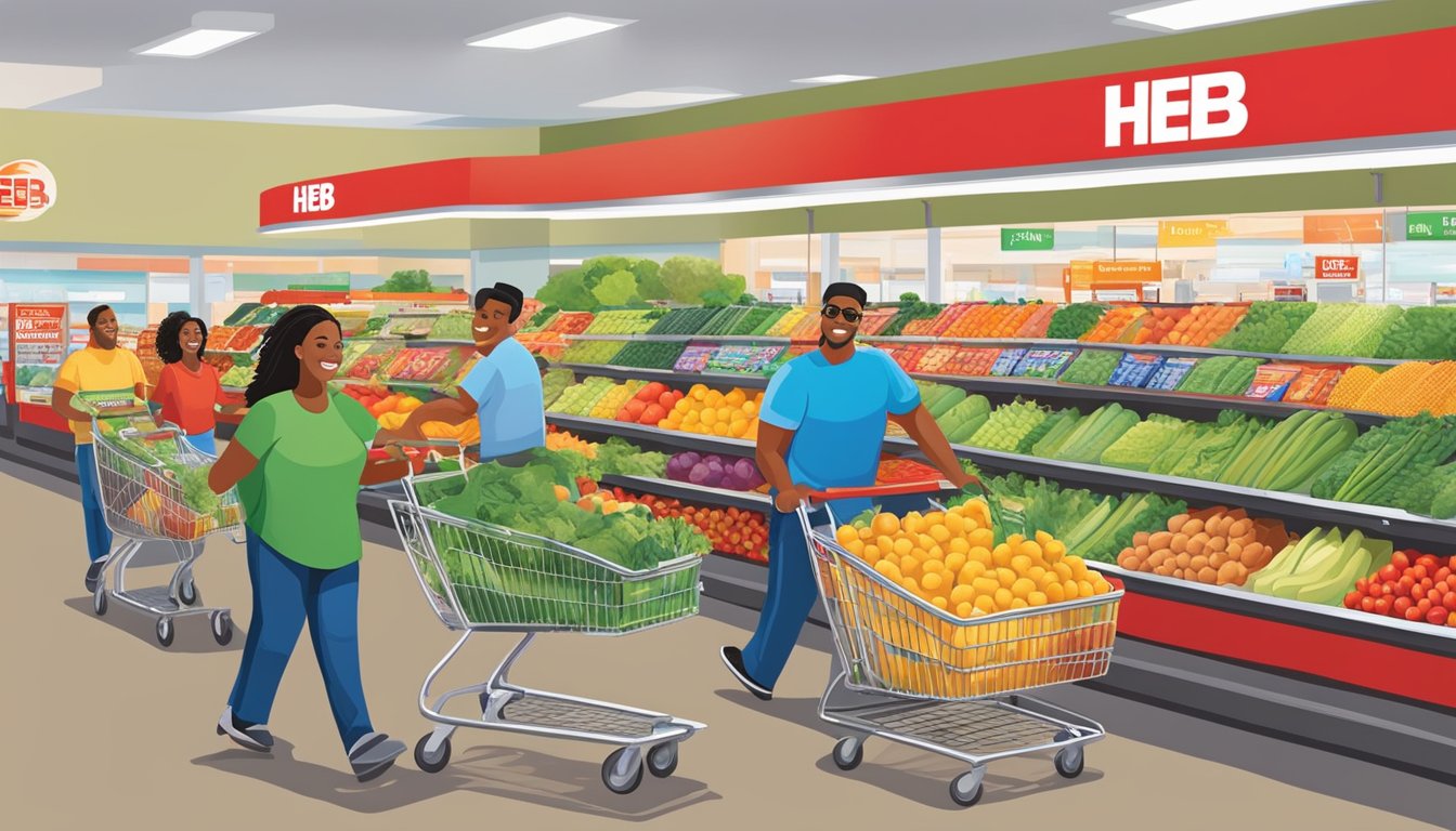 Texans proudly pushing HEB shopping carts filled with groceries past a vibrant display of fresh produce and friendly employees