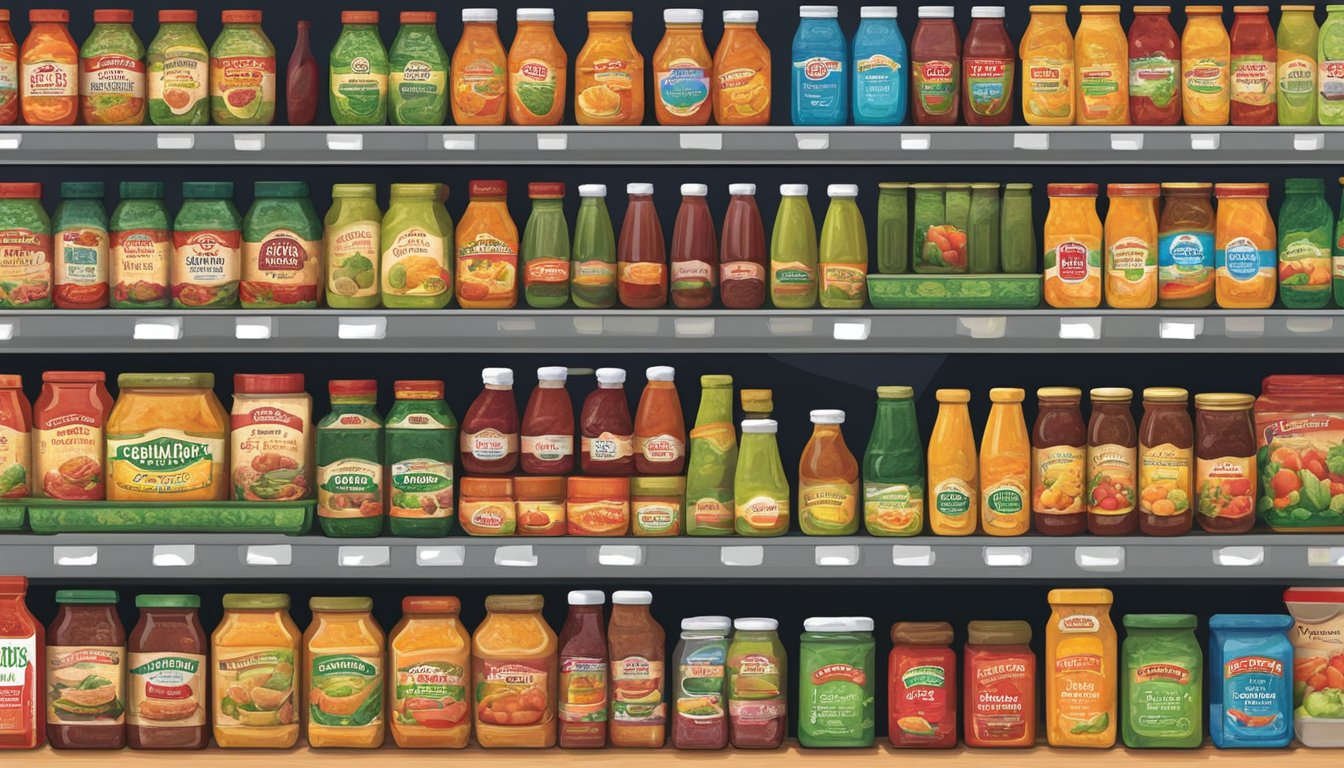 A colorful display of Cedar Creek Salsa and other Texas-made products arranged on shelves at an HEB grocery store