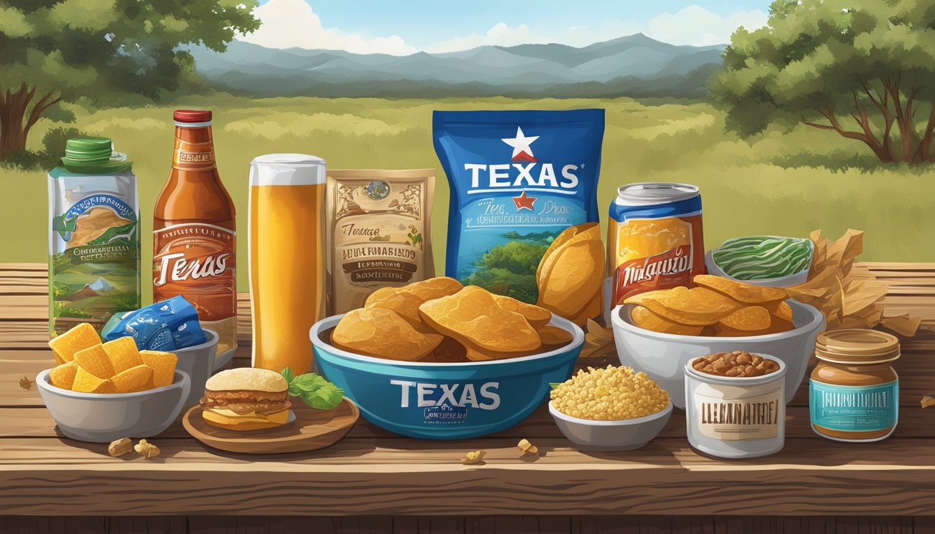 A colorful display of 15 iconic Texas products arranged on a rustic wooden table, surrounded by the state's natural scenery