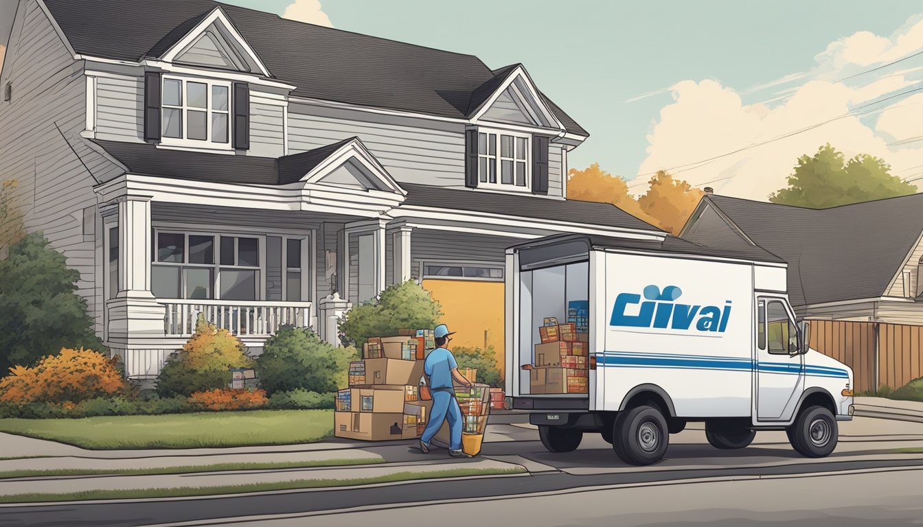 A delivery truck parked outside a suburban home, with a driver unloading groceries and household items onto the front porch