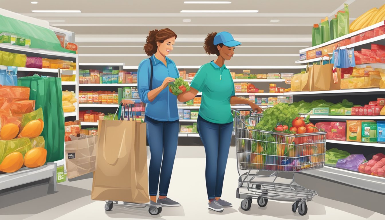 A personal shopper assisting a customer in the HEB plus! store, selecting items and providing guidance