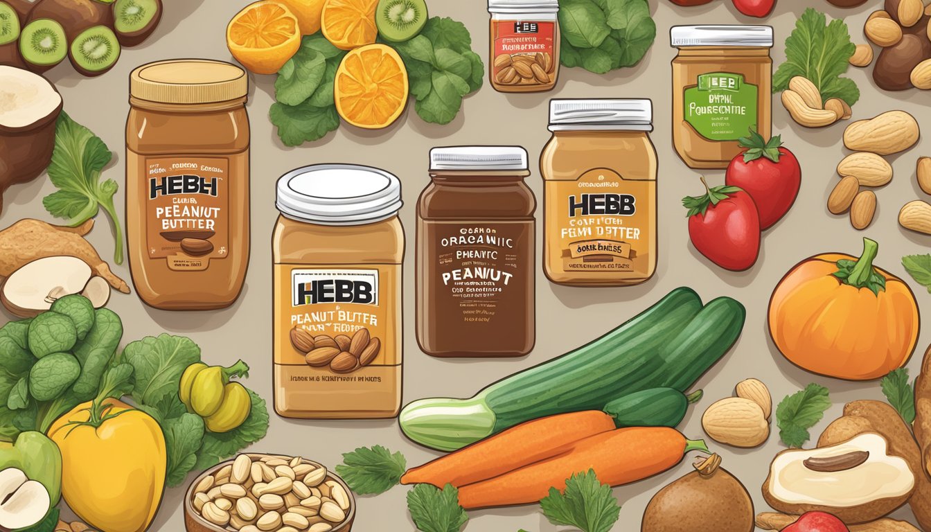 A colorful display of HEB's organic peanut butter varieties, surrounded by fresh fruits, vegetables, and other health-conscious products