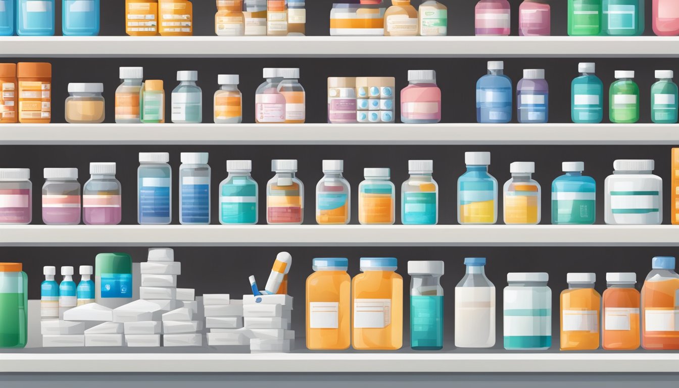 A busy pharmacy counter with various prescription drugs, over-the-counter medications, and health products on display