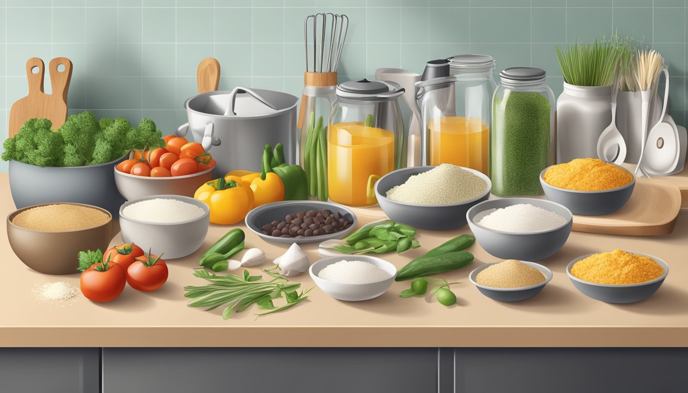 A kitchen counter with various HEB recipe ingredients and utensils arranged neatly for cooking