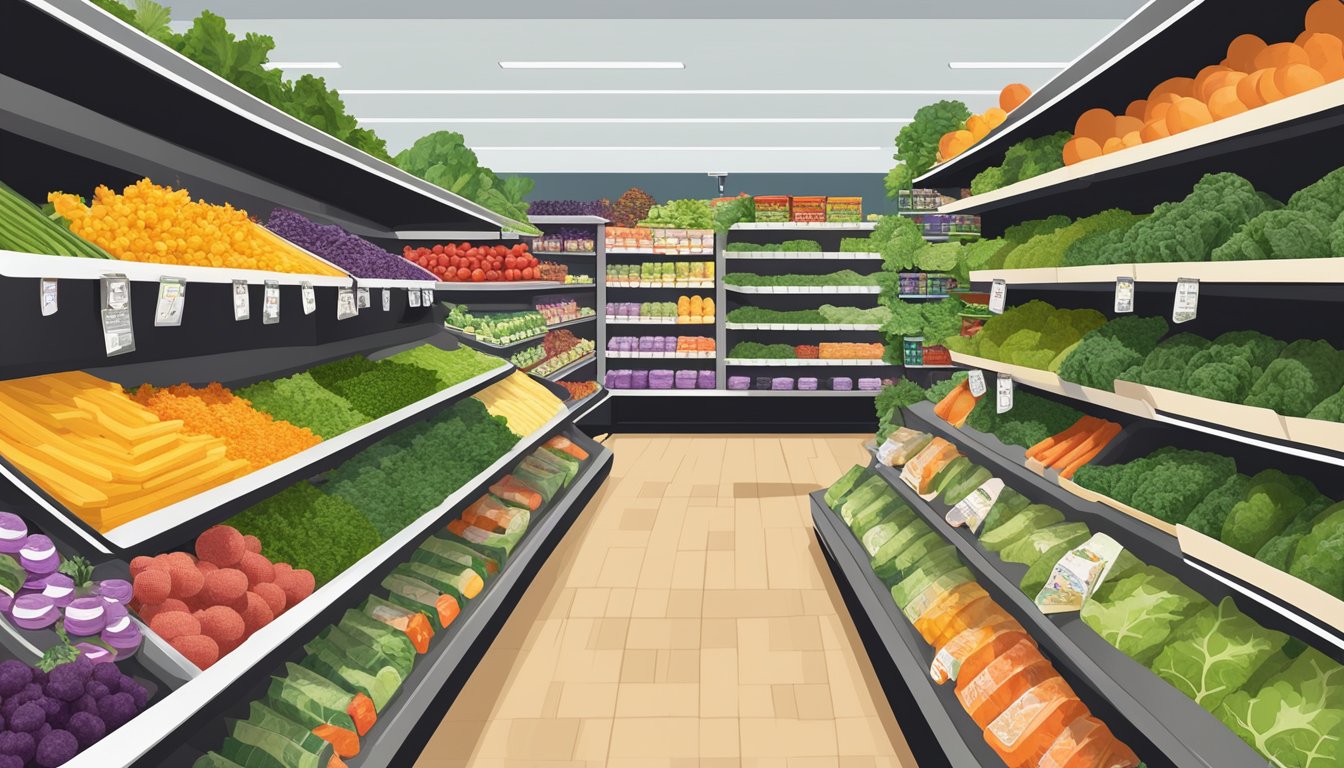 A colorful display of kale chips in various flavors, surrounded by fresh produce and health-conscious products at an HEB grocery store