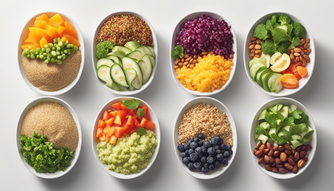 A vibrant display of seven different quinoa salads arranged on a clean, white surface, surrounded by fresh, colorful ingredients such as vegetables, fruits, and nuts