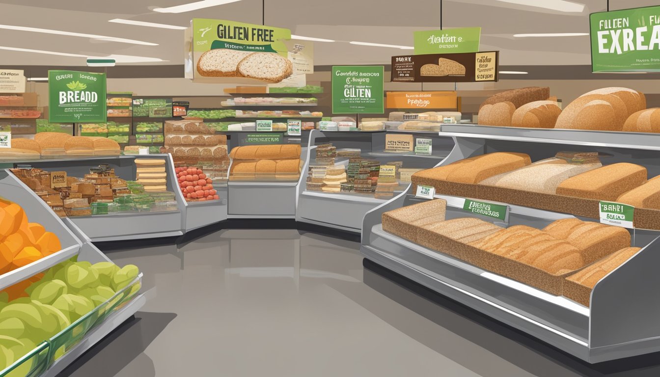 A display of 7 varieties of gluten-free bread at HEB, surrounded by fresh produce and health-conscious signage